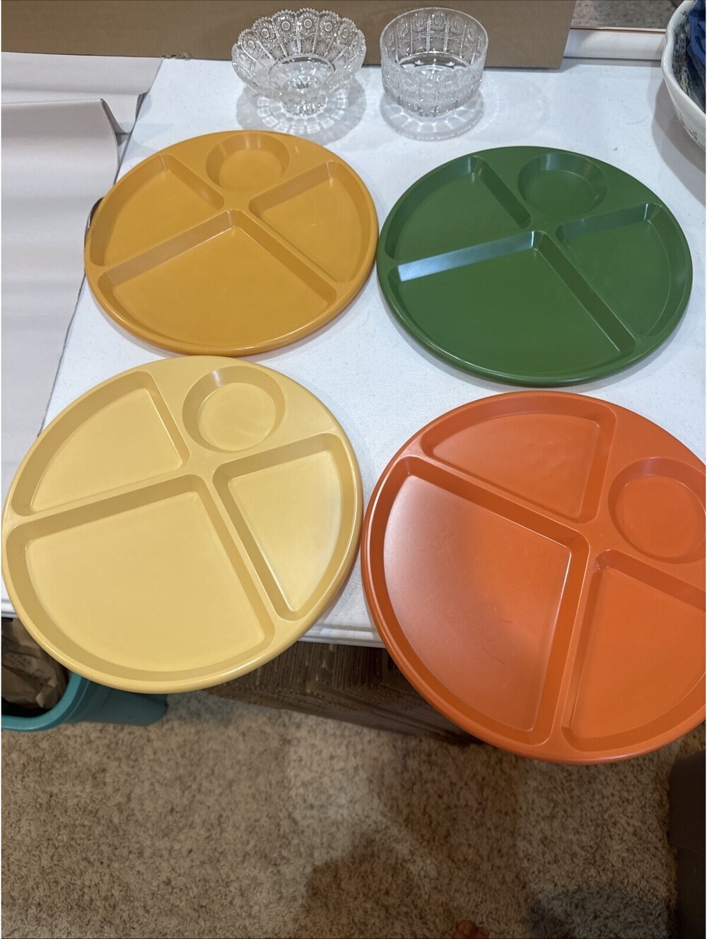 Vintage 80s plastic sectioned  plates retro orange green yellow cream set of 4